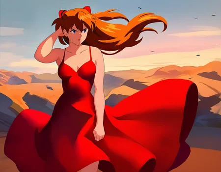 by carl newman, 1girl, souryuu-asuka-langley, determined, dress, wind, outside, looking-away, cowboy-shot, masterpiece, best quality, newest, absurdres, highres