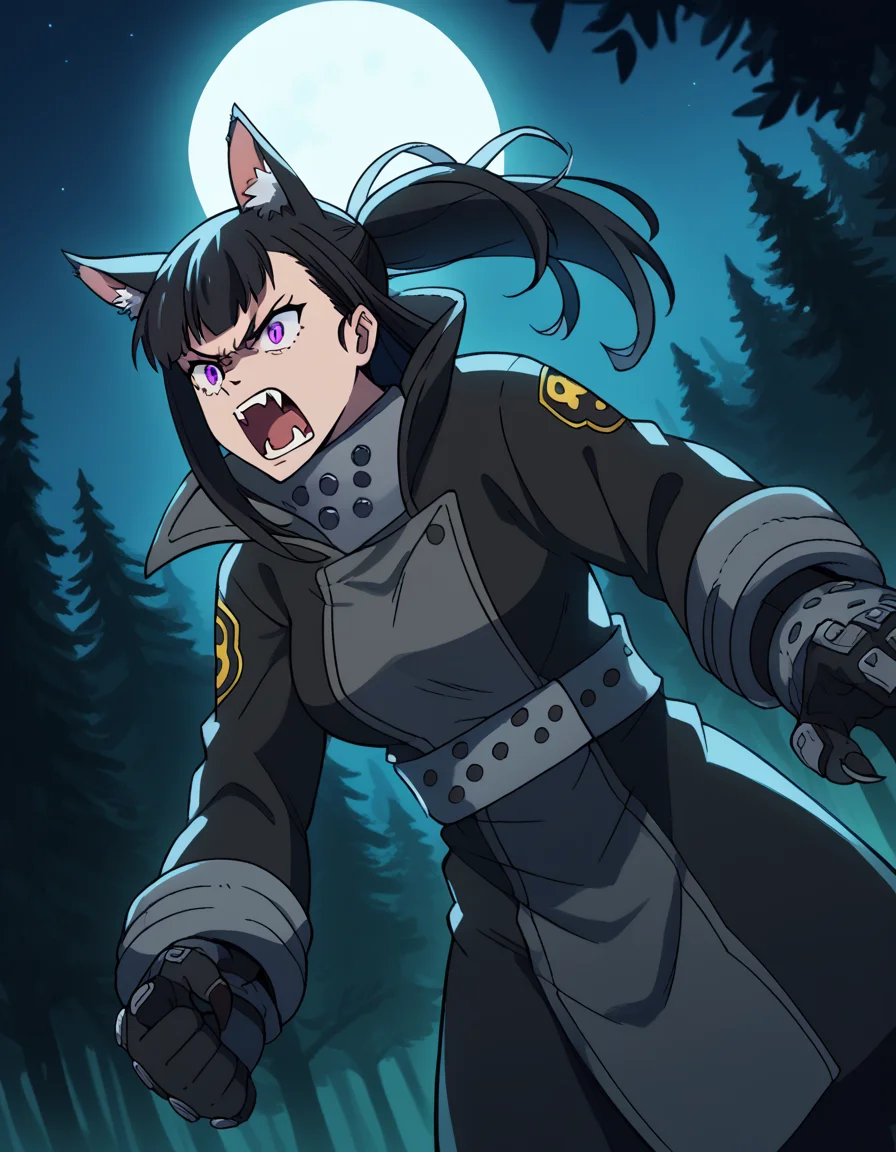 score_9, score_8_up, score_7_up, source_anime, <lora:maki-oze-s1s2-ponyxl-lora-nochekaiser:1>, maki oze, long hair, bangs, black hair, purple eyes, ponytail, medium breasts,, <lora:werewolf-ponyxl-lora-nochekaiser:1>, werewolf, furry, fangs, animal ears, gloves, angry, teeth, animal ear fluff,, forest, night, moon, open mouth, , dutch angle, cowboy shot