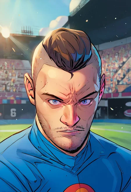 score_9, score_8_up, score_7_up, score_6_up, score_5_up, score_4_up 1boy, solo, <lora:Jorge_Jimenez_DC_Comics_Batman_Artist_Style:1>, portrait of a latino boy, with bread, full face beard, wearing blue turtleneck shirt, long sleeves, hair buzz cut, baseball cap, looking at viewer, stadium background, masterpiece, best quality, highres