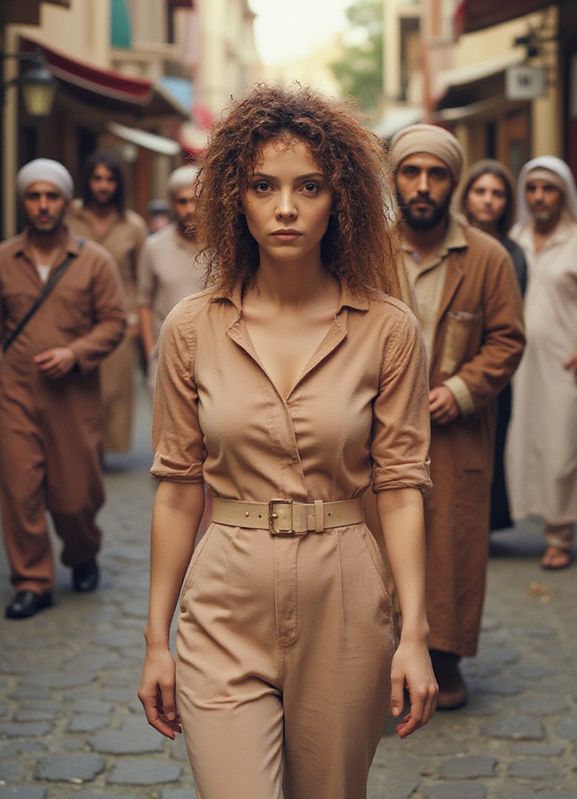 SFW, The image shows a woman walking on a cobblestone street. She is wearing a long, beige jumpsuit with a belt cinching her waist. Her e hair is styled in loose waves and she is looking directly at the camera with a serious expression. Behind her, there are several men wearing traditional Arab clothing, including robes and headscarves. The street is lined with buildings and there are street lamps hanging from the buildings. The overall mood of the image is somber and contemplative., aidmaimageupgrader<lora:flux\custom\celebrity\frida-betrani.safetensors:1.0:1.0> <lora:turbo-8-step-flux.safetensors:0.5:0.5> <lora:flux\style\Common\aidmaImageUprader-FLUX-v0.3.safetensors:0.25:0.25>