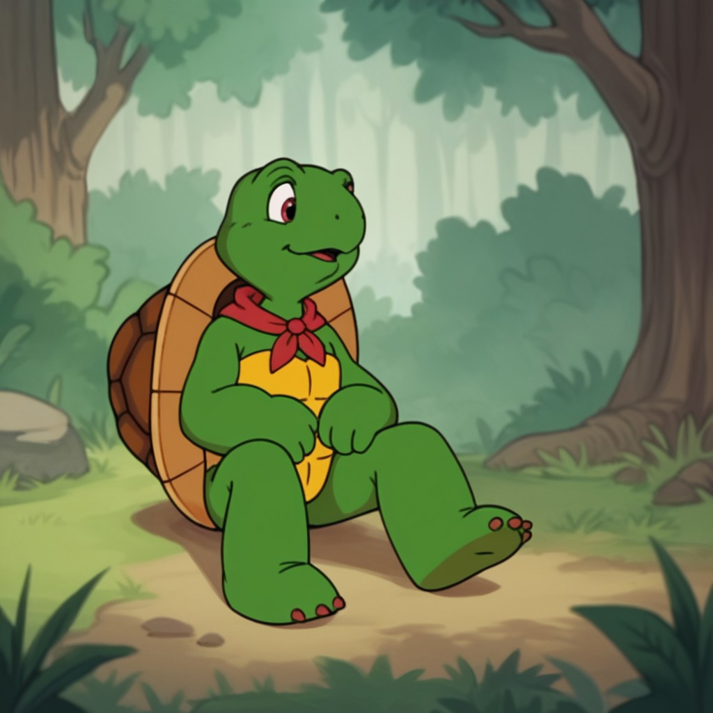 score_9, score_8_up, score_7_up, score_6_up, score_5_up, score_4_up, source_furry, frnklnturtle, semi-anthro, male, turtle, green skin,  outside, sitting, in a forest,  red neckerchief,