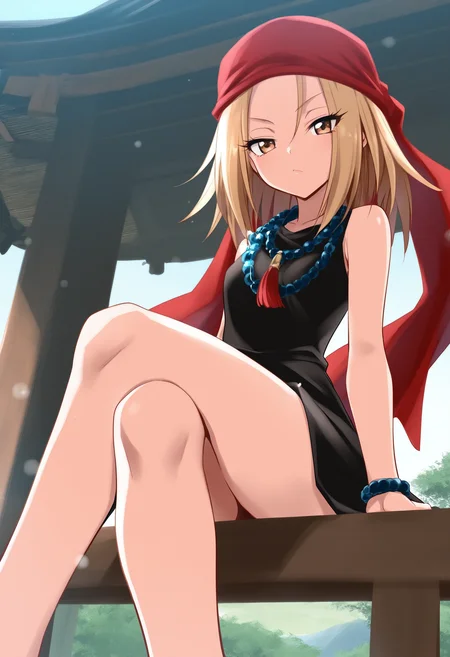 masterpiece, best quality, kojiann, short hair, blonde hair, brown eyes, short dress, sleeveless, bead necklace, red bandana, bracelet, sitting, crossed legs, outdoors,  east-asian architecture   <lora:Anna IXL 2:1>
