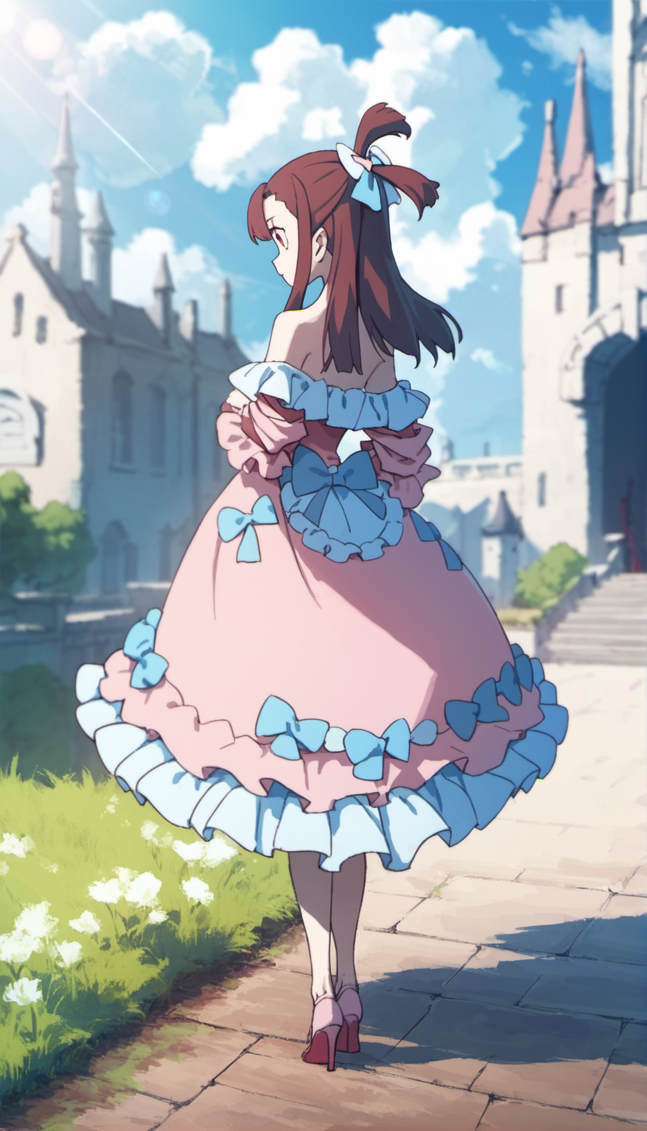 score_9,score_8_up,score_7_up,
<lora:AtsukoKagari:0.9>,akkokagari,
1girl,solo,brown hair,long hair,bangs,short ponytail,hair bow,red eyes,pink frilly dress,off shoulder,pink heels,full body,standing,
blurry background,outdoors,bloom,light particles,lens flare,cloud,magic academy,castle,courtyard,grass,