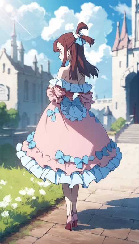 score_9,score_8_up,score_7_up,
<lora:AtsukoKagari:0.9>,akkokagari,
1girl,solo,brown hair,long hair,bangs,short ponytail,hair bow,red eyes,pink frilly dress,off shoulder,pink heels,full body,standing,
blurry background,outdoors,bloom,light particles,lens flare,cloud,magic academy,castle,courtyard,grass,