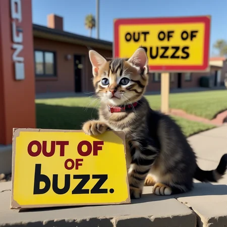buzz, iconic kitten next to a sign with text "out of buzz" <lora:buzz-text:.85>