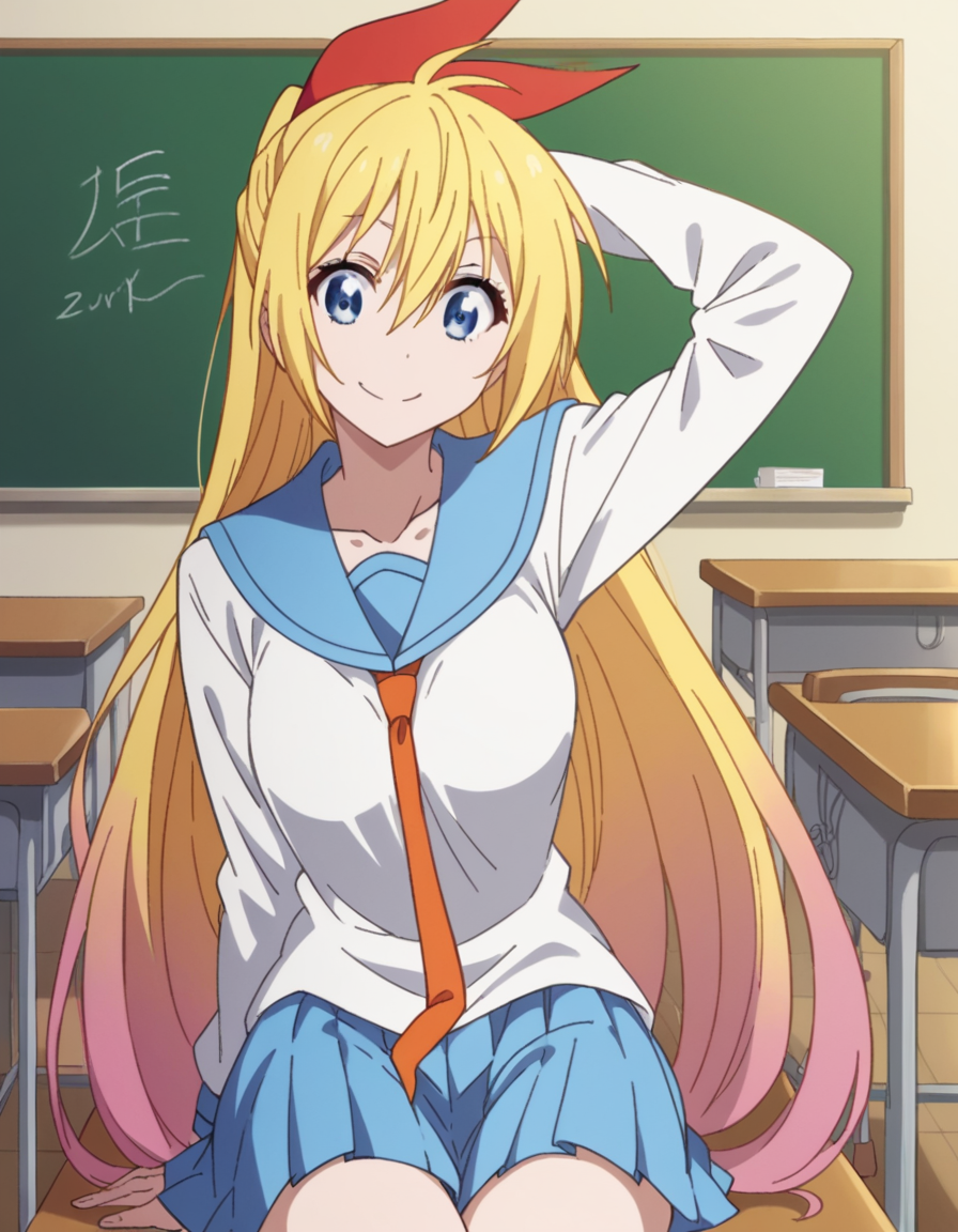 score_9, score_8_up, score_7_up, source_anime, <lora:chitoge-kirisaki-s2-ponyxl-lora-nochekaiser:1>, chitoge kirisaki, long hair, blue eyes, blonde hair, ribbon, hair between eyes, very long hair, hair ribbon, multicolored hair, red ribbon, gradient hair, medium breasts,, skirt, shirt, thighhighs, school uniform, collarbone, white shirt, pleated skirt, necktie, serafuku, sailor collar, red ribbon, blue skirt, blue sailor collar,, classroom, chalkboard, day time, studying, sitting, chair, desk,, , , hand behind head, smile,, solo,, cowboy shot, dutch angle