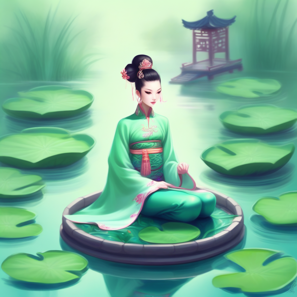 outdoors, lily pad, topknot, chinese clothes, pectorals, formal, liquid hair, shrine, mermaid