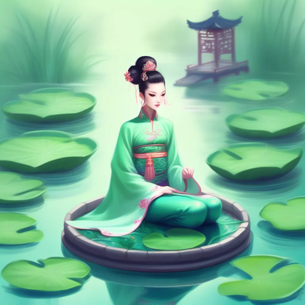 outdoors, lily pad, topknot, chinese clothes, pectorals, formal, liquid hair, shrine, mermaid