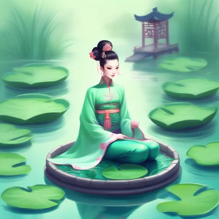 outdoors, lily pad, topknot, chinese clothes, pectorals, formal, liquid hair, shrine, mermaid