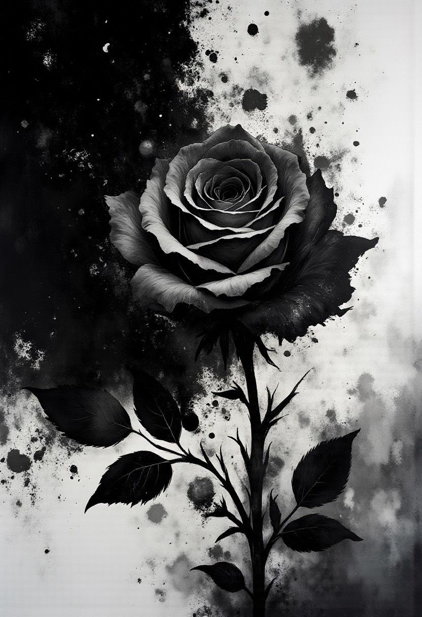 Masterpiece, best quality, still scene,The focus is on a abstract, modern style. burning black rose , black fire rose, minimal contrast, black and white ,