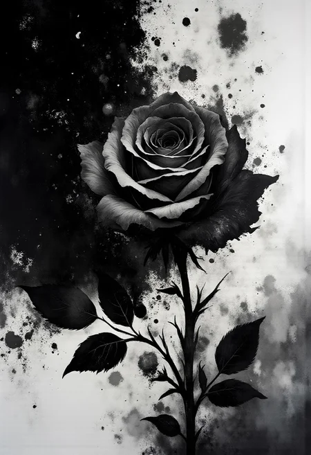 Masterpiece, best quality, still scene,The focus is on a abstract, modern style. burning black rose , black fire rose, minimal contrast, black and white ,