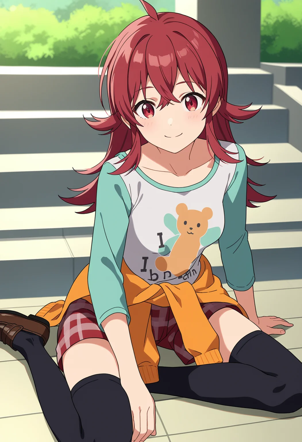 score_9, score_8_up, score_7_up, source_anime,
BREAK
1girl, solo, anime screencap, anime coloring,
<lora:shiKomiyaKahoV1:1.0>,
shikomiyaprocasual, long hair, red hair, red eyes, hair between eyes, ahoge,
medium breasts, collarbone,
print shirt, bear print, raglan sleeves, long sleeves,
orange shirt, shirt around waist,
plaid, red shorts, on floor, sitting on stairs, black thighhighs, loafers,
looking at viewer, smile,