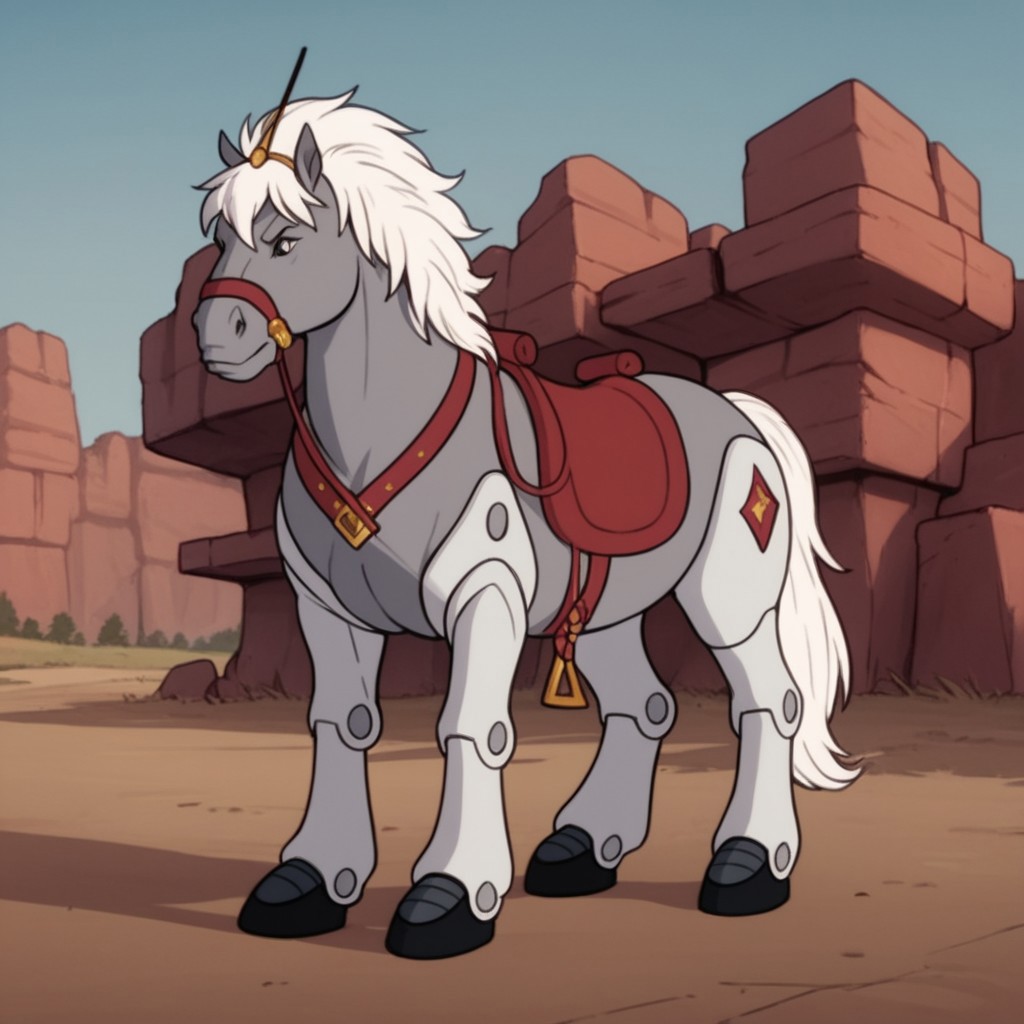 score_9, score_8_up, score_7_up, score_6_up, score_5_up, score_4_up, source_furry, thirty/thirtyBs, feral, male, horse, grey fur, white hair, robotic limbs, saddle, outside,