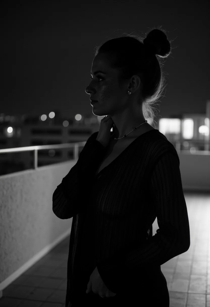 A freckled Scandinavian woman with brunette hair in a bun, wearing a sheer black blouse that subtly reveals her form. She stands on a modern terrace at night, surrounded by darkness with no lights. The image is in black and white, highlighting her silhouette against the shadowy scene, creating a quiet and intimate atmosphere