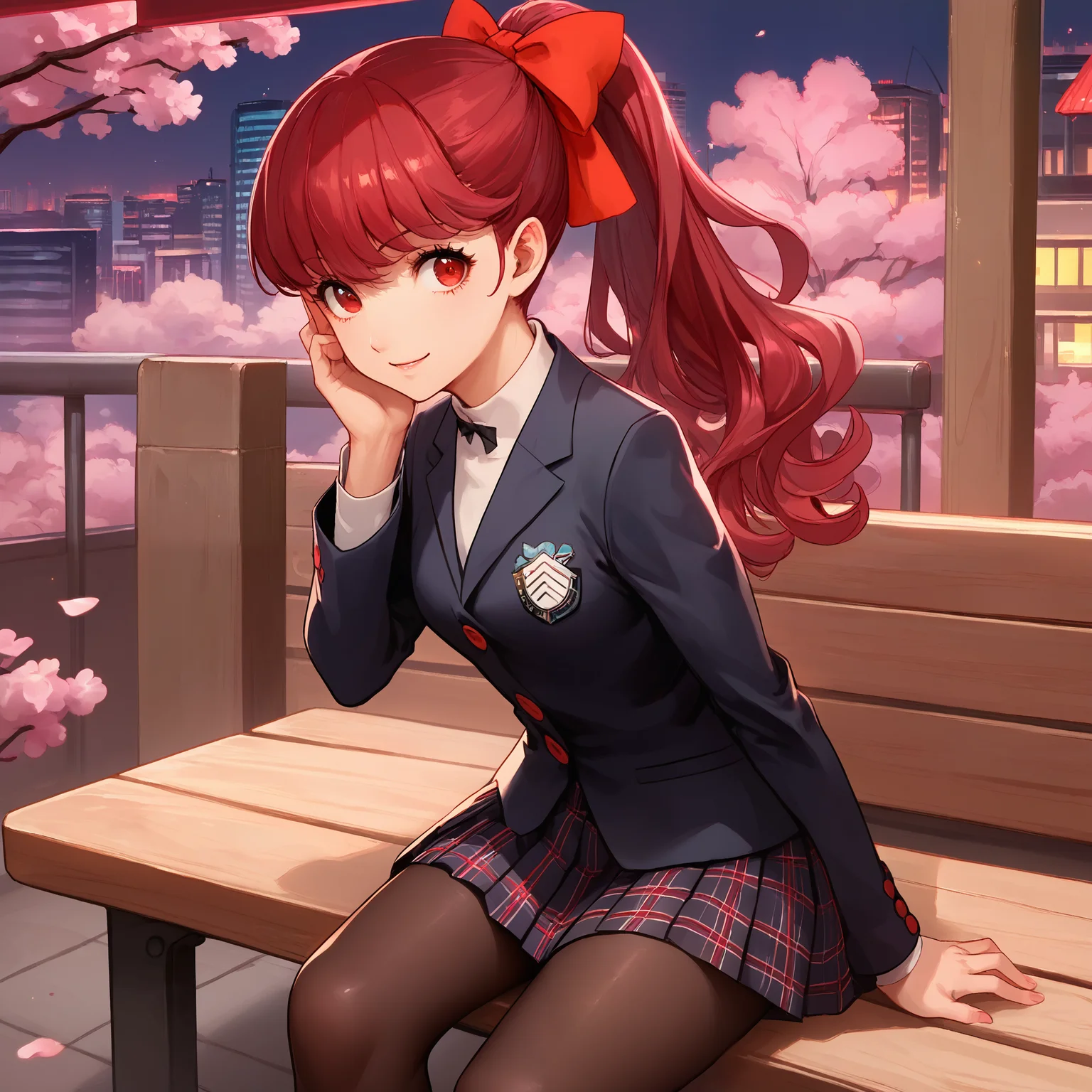 score_9, score_8_up, score_7_up, score_6_up, score_5_up, score_4_up, BREAK source_anime, look at viewer, rating_safe, 1girl, solo, city, cherry blossom, sitting, bench, smiling, masterpiece, best quality, high detailed skin, yoshizawa kasumi, schoolxl, long hair, ponytail, red hair, hair bow, red eyes, school uniform, shuujin academy school uniform, black jacket, pleated skirt, pantyhose,