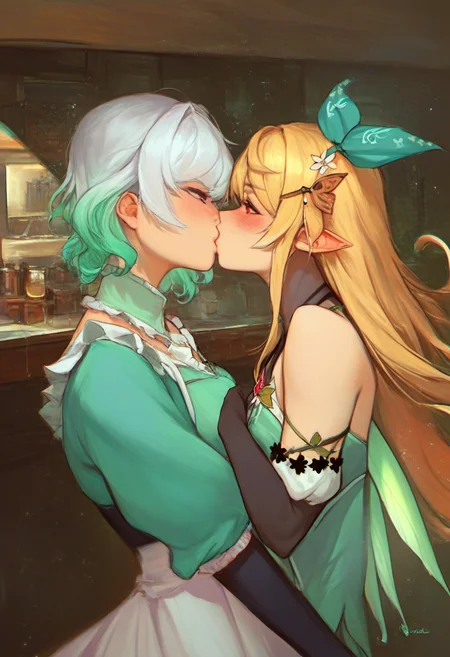 zPDXL, score_9, score_8_up, score_7_up, score_6_up, score_5_up, score_4_up, best quality, masterpiece, source_anime, indoors, standing, cowboy shot, 2girls, seductive smile, looking at another, kiss,
BREAK <lora:char_mintfantome-v2-pony_1_res:1>, 1girl, mint fantome \\(frilly\\), maid, white hair, gradient hair, cafe, light particles, sleeves past fingers, clothes lift,
BREAK <lora:Pomu_Rainpuff_for_PonyXL:1>, 1girl, pomu rainpuff, blonde, black elbow gloves, looking at another, blush, halterneck, hair flower, fairy wings, butterfly hair ornament, hair behind ear