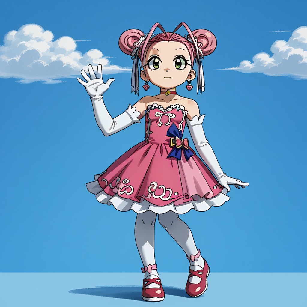 1girl,solo,double bun,pink hair,green eyes,shoes,antenna hair,dress,hair ornament,earrings,elbow gloves,choker,standing,waving,one hand down,facing,viewer,looking at viewer