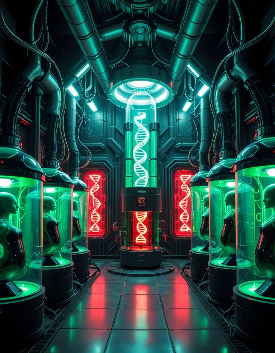 A dark, futuristic cloning laboratory infused with biomechanical horror, inspired by the art of H.R. Giger. The environment is a fusion of cold, industrial metal and pulsating organic structures, where walls seem alive, breathing with a rhythmic pulse of dark energy. The entire facility feels like a fusion of machine and flesh, an eerie cathedral of synthetic life.
At the center of the lab, massive transparent incubation pods line the walls, each filled with a thick, greenish amniotic fluid. Inside, half-formed clones float in various stages of developmentâsome eerily human, others distorted by biomechanical mutations. Tubes and organic cables snake from the ceiling, injecting raw genetic material into the growing bodies, merging artificial and organic components.
A colossal central machine, resembling a fusion of an ancient altar and a high-tech processor, serves as the core of the cloning process. DNA strands, displayed as holographic symbols in glowing red and neon green, shift and mutate in real-time, manipulated by unseen algorithms. Mechanical arms, covered in organic textures, extract samples from fluid-filled glass canisters, feeding the system with raw genetic material.
The dim lighting casts elongated shadows across the ribbed metallic floor, illuminated only by the sickly glow of bio-luminescent veins coursing through the walls. A constant hum of machinery, mixed with the faint sound of heartbeat-like pulsations, fills the air, creating an overwhelming sense of unnatural life in the making.
This is not just a cloning facilityâit is a factory of engineered existence, where the line between science and the grotesque unknown has been erased, birthing life that was never meant to be
<lora:SDXLFaeTastic2400:0.4> <lora:extremely_detailed:0.4> extremely detailed, <lora:futuristic_cloning_l4b0r4t0ry:1>,futuristic cloning l4b0r4t0ry, Masterpiece,best quality,hi res,8k,hi res,8k,award winning,(sharp focus, intricate, highly detailed),