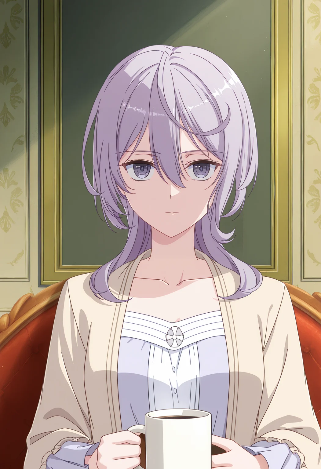 <lora:Philia Adenauer_illustrious-000046:1>,
Philia ADENAUER,solo,cup,holding,holding cup,indoors,closed mouth,collarbone,upper body,long sleeves,mug,looking at viewer,dress,frills,expressionless,shirt,jacket