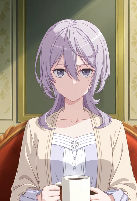 <lora:Philia Adenauer_illustrious-000046:1>,
Philia ADENAUER,solo,cup,holding,holding cup,indoors,closed mouth,collarbone,upper body,long sleeves,mug,looking at viewer,dress,frills,expressionless,shirt,jacket