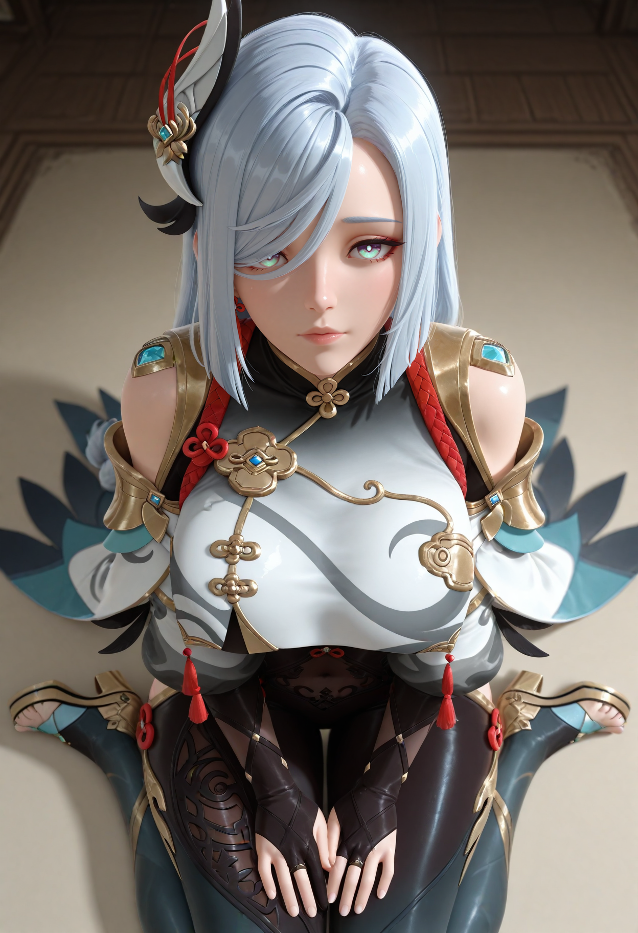 masterpiece, best quality, amazing quality, absurdres,
0v3rw4tch, 3d, lips, nose, 1girl, shenhe \(genshin impact\), bodysuit, hip vent, shoulder cutout, wariza, hands on lap, expressionless, looking at viewer, from above
<lora:sdxl_lightning_8step_lora:1> <lora:V2_Overwatch_Style:1>
