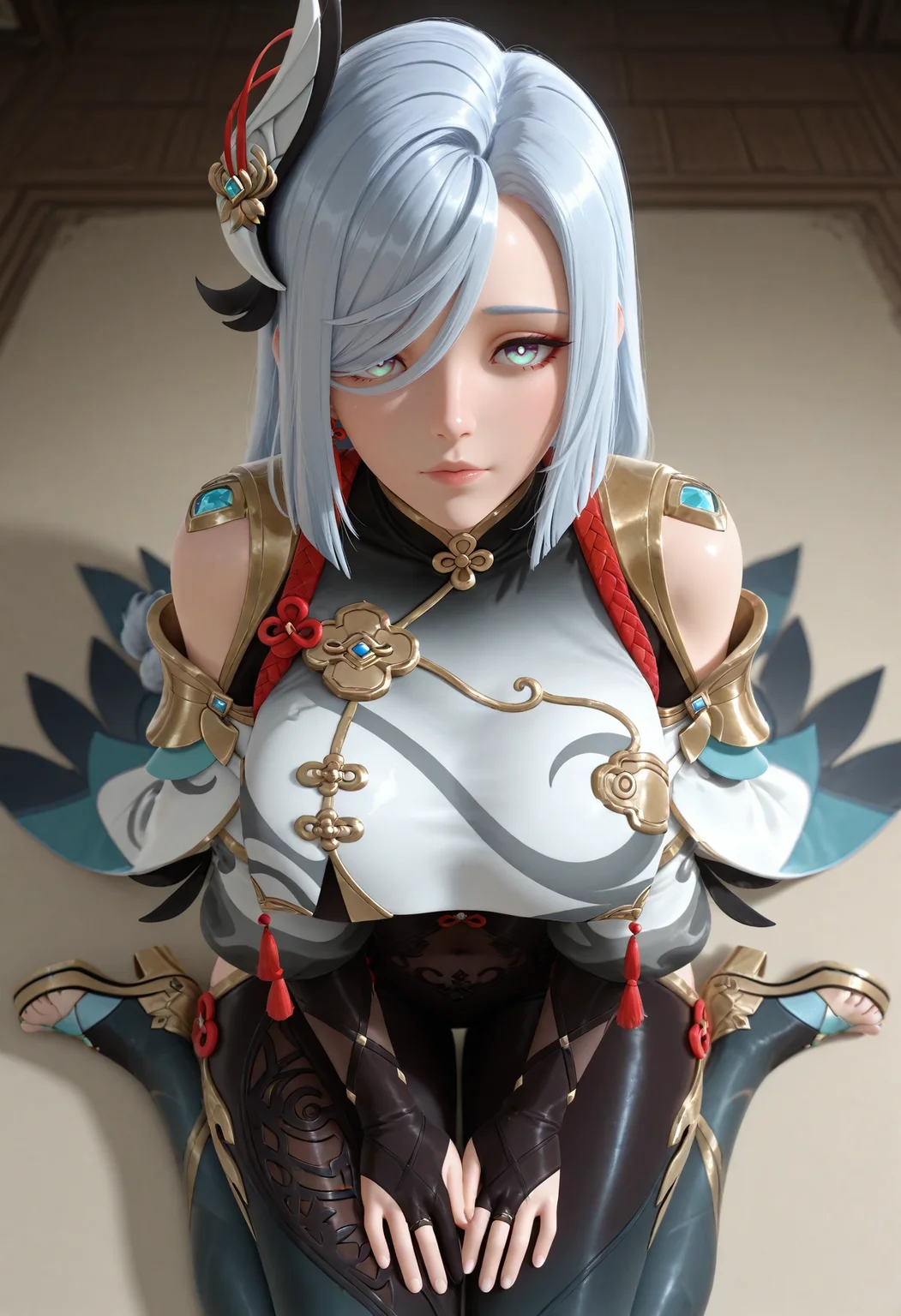 masterpiece, best quality, amazing quality, absurdres,
0v3rw4tch, 3d, lips, nose, 1girl, shenhe \(genshin impact\), bodysuit, hip vent, shoulder cutout, wariza, hands on lap, expressionless, looking at viewer, from above
<lora:sdxl_lightning_8step_lora:1> <lora:V2_Overwatch_Style:1>