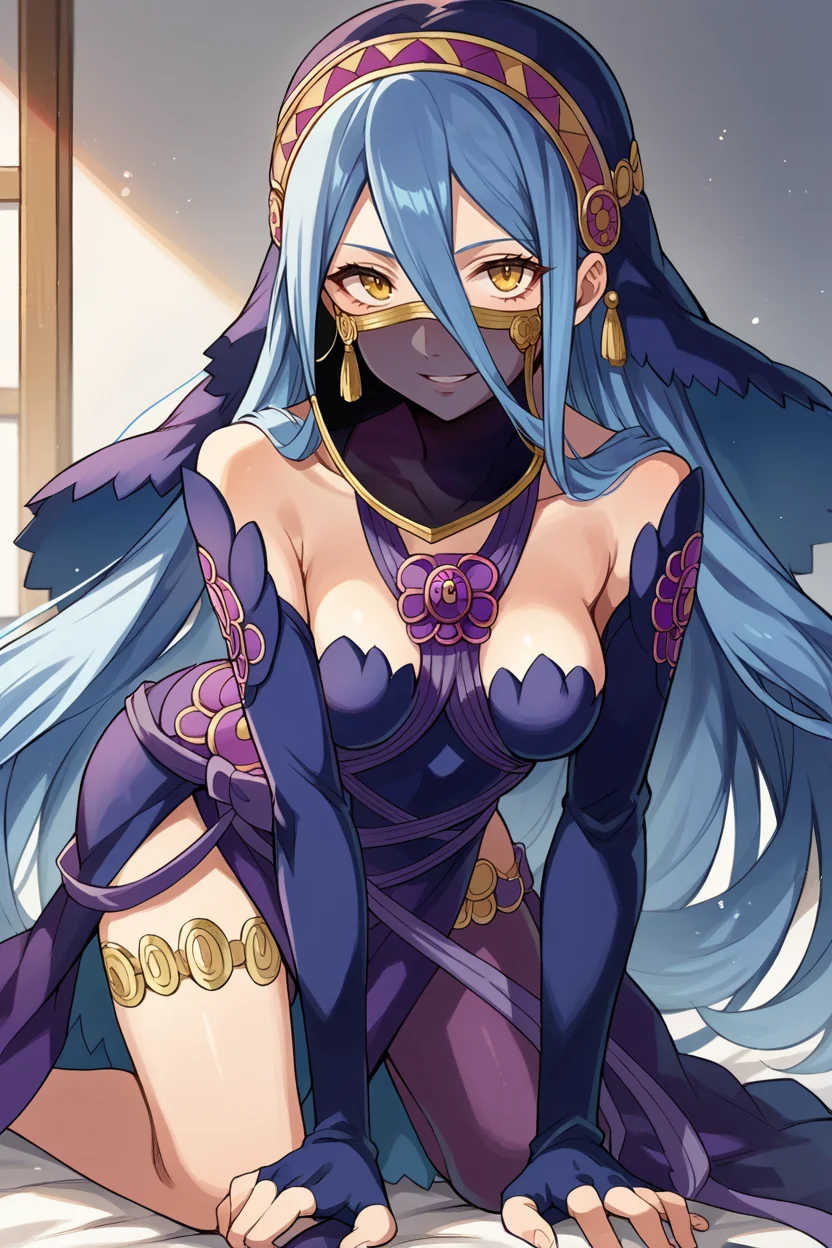 score_9, score_8_up, score_7_up, score_6_up, source_anime, BREAK 1girl, solo, <lora:azura-pdxl-nvwls-v1-000006:1> performAzu, blue hair, purple veil, mouth veil, purple dress, purple straps, purple elbow gloves, fingerless gloves, single leg pantyhose, medium breasts, all fours, looking at you, evil smile
