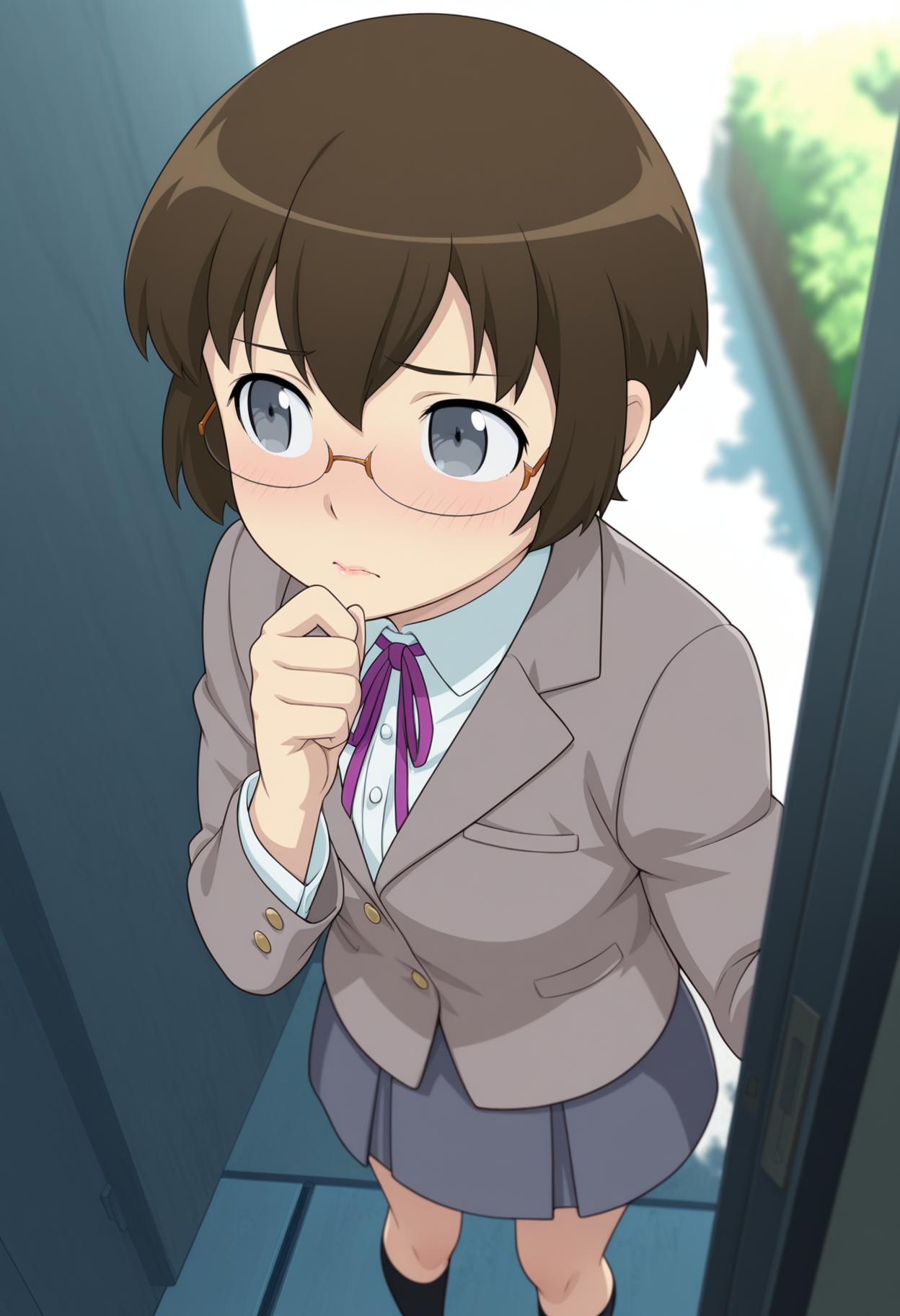 scenery, 1girl, solo, <lora:Manami [Illustrious] Oreimo:1>, grey eyes, brown hair, short hair, glasses, grey jacket, blazer, long sleeves, white shirt, collared shirt, purple ribbon, neck ribbon, grey skirt, pleated skirt, kneehighs, black socks, thinking, detailed eyes, detailed body, detailed lips, outdoors, against wall, nervous, entrance, sunlight, depth of field, newest, scenery, volumetric lighting, dynamic pose