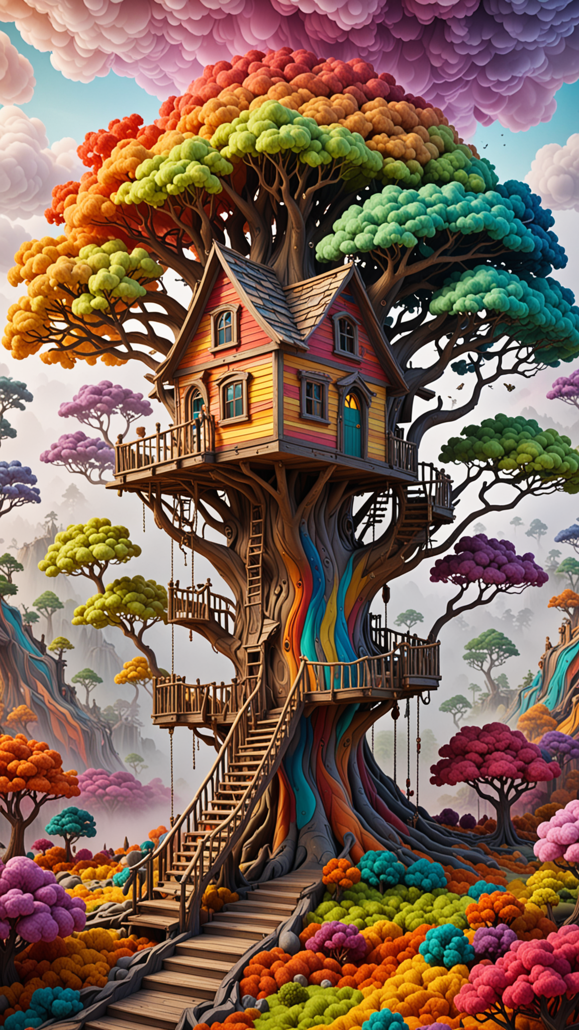 (3d Framed, landscape) treehouse, colorful volumetric mad-marbled-paper fog <lora:3D_Framed_Wall_Art_-_By_DICE:0.4>, Epic, (3D), UHD