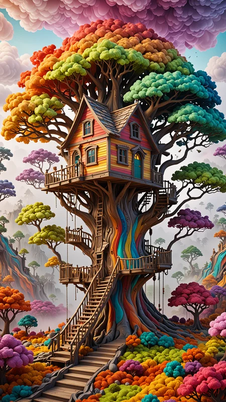 (3d Framed, landscape) treehouse, colorful volumetric mad-marbled-paper fog <lora:3D_Framed_Wall_Art_-_By_DICE:0.4>, Epic, (3D), UHD