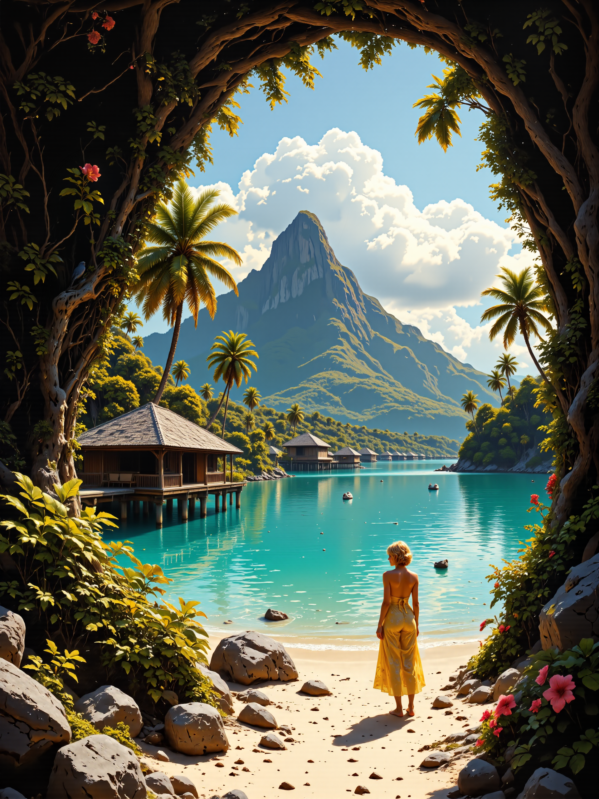 masterful composition, highly detailed, intricate, dappled sunlight, dramatic sky with beautiful clouds, dark corners, a breathtaking idyllic painting blending impressionism with romantic realism, a tranquil lagoon at bora bora in french polynesia, the turquoise waters shimmer under the golden afternoon sunlight, framed by lush tropical vegetation and tall swaying palm trees, beautiful thatched huts sit on stilts over the lagoon, their reflections softly rippling on the surface, in the background, the towering green peak of mount otemanu rises majestically against a sky painted in soft blues and fluffy white clouds, in the foreground, the sandy shoreline glows warmly, scattered with small rocks and vibrant greenery, a lone woman wearing a light colorful summer dress in a soft breeze stands barefoot at the edge of the lagoon, gazing across the beautiful scenery, the lagoon teems with life, beautiful tropical hibiscus flowers and a colorful bird, perched on a twig, add to the exotic atmosphere, the composition is expansive and immersive, capturing the breathtaking natural beauty of the scene, the viewpoint is just above the right shoulder of the woman, soft and diffused lighting highlights the richness of the tropical palette, emphasizing hues of emerald green, aquamarine, and warm sandy tones, while the gentle glow of the sky adds warmth to the scene, brushstrokes are fluid and expressive, blending rich textures with intricate details, the painting captures the interplay of light, water, and foliage with a delicate and harmonious touch, subtle dappled shadows bring depth to the lagoon and its surroundings, creating a sense of realism and romantic allure, painted with masterful attention to detail, the image employs a balanced and harmonious color palette, capturing the idyllic and serene beauty of bora bora, evoking a sense of tranquility and timelessness, the image is painted in a timeless style, blending realism with a touch of dreamlike quality, vivid colors and soft gradients emphasize the tropical setting, tranquil, serene, idyllic, aidmafluxpro1.1, <lora:flux_pro1.1_detailer-v0.2-flux-by_aidma:0.56> <lora:epic_gorgeous_details-balance-flux-by_flyway:0.56> <lora:faetastic_details-flux-by_faeia:0.56>