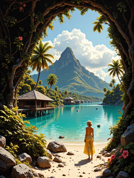 masterful composition, highly detailed, intricate, dappled sunlight, dramatic sky with beautiful clouds, dark corners, a breathtaking idyllic painting blending impressionism with romantic realism, a tranquil lagoon at bora bora in french polynesia, the turquoise waters shimmer under the golden afternoon sunlight, framed by lush tropical vegetation and tall swaying palm trees, beautiful thatched huts sit on stilts over the lagoon, their reflections softly rippling on the surface, in the background, the towering green peak of mount otemanu rises majestically against a sky painted in soft blues and fluffy white clouds, in the foreground, the sandy shoreline glows warmly, scattered with small rocks and vibrant greenery, a lone woman wearing a light colorful summer dress in a soft breeze stands barefoot at the edge of the lagoon, gazing across the beautiful scenery, the lagoon teems with life, beautiful tropical hibiscus flowers and a colorful bird, perched on a twig, add to the exotic atmosphere, the composition is expansive and immersive, capturing the breathtaking natural beauty of the scene, the viewpoint is just above the right shoulder of the woman, soft and diffused lighting highlights the richness of the tropical palette, emphasizing hues of emerald green, aquamarine, and warm sandy tones, while the gentle glow of the sky adds warmth to the scene, brushstrokes are fluid and expressive, blending rich textures with intricate details, the painting captures the interplay of light, water, and foliage with a delicate and harmonious touch, subtle dappled shadows bring depth to the lagoon and its surroundings, creating a sense of realism and romantic allure, painted with masterful attention to detail, the image employs a balanced and harmonious color palette, capturing the idyllic and serene beauty of bora bora, evoking a sense of tranquility and timelessness, the image is painted in a timeless style, blending realism with a touch of dreamlike quality, vivid colors and soft gradients emphasize the tropical setting, tranquil, serene, idyllic, aidmafluxpro1.1, <lora:flux_pro1.1_detailer-v0.2-flux-by_aidma:0.56> <lora:epic_gorgeous_details-balance-flux-by_flyway:0.56> <lora:faetastic_details-flux-by_faeia:0.56>