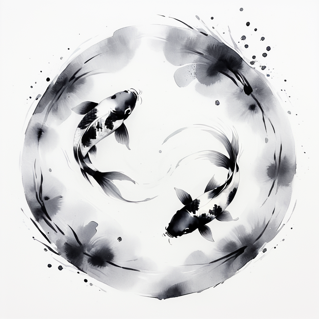 <lora:Zen_Ink_Wash_Sumi-eSDXL:1> ArsMJStyle, Zen Ink Wash Sumi-e, A pair of koi fish swimming in a circle, monochrome, greyscale, minimal detail, white background, no humans, traditional media, ink, solo, nature, aquatic.