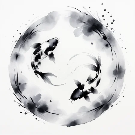 <lora:Zen_Ink_Wash_Sumi-eSDXL:1> ArsMJStyle, Zen Ink Wash Sumi-e, A pair of koi fish swimming in a circle, monochrome, greyscale, minimal detail, white background, no humans, traditional media, ink, solo, nature, aquatic.