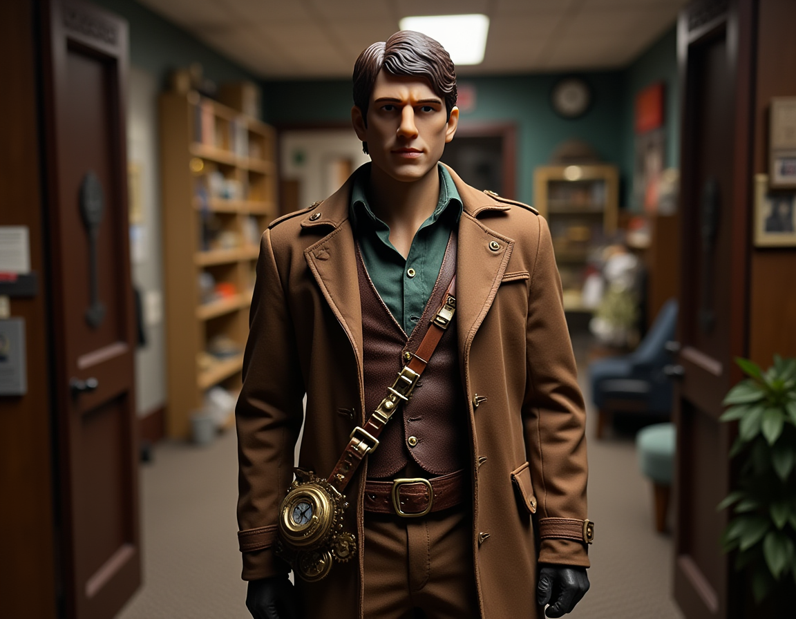 Steampunk style <lora:Lucas_Flux:1> lucas wearing trench coat, antique, mechanical, brass and copper tones, gears, intricate, detailed. <lora:Dever_Flux_Enhancer:0.5>