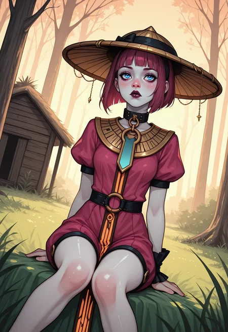 IllustriousQual BREAK realistic, ambient occlusion, ray tracing, (dynamic angle:1.2), (cowboy shot) BREAK 1girl, solo, human, deep tan hair, blunt cut hair with hairband, blue eyes, oily skin, (pale skin:1.2), buff body, narrow hips, long legs, small breasts, perfect hands, dark lips, (bored), eyes darting BREAK monk, wearing short sleeved botanical print orange satin tabard, dramatic o-ring (detailed dark pink linen short jumpsuit), collar chain, wrist ruffs, Juliet sleeves, usekh collar, belt, orange print fur-trimmed pastel brown jingasa, hat ribbon BREAK fantasy, outdoors, detailed landscape, deep jungle, trees, coniferous forest, trees, hut,undergrowth,grass, sitting, knees together feet apart , one arm behind back, on grass, blanket, summer, golden hour, warm soft light, long shadows, <lora:reij-ca:0.6> reij-ca, orange neon grading, yellow accent, dynamic lighting BREAK <lora:reij-rt:0.6> <lora:semirealistics:0.6> semi-realism, <lora:4rc4n3XLP:0.6> 4rc4n3, <lora:PixelstyleIL:0.6> JedpxIL, pixel style