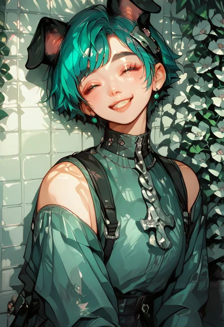 score_9, score_8_up, score_7_up, score_6_up, score_5_up, (art, (psychedelic), garden, sunlight, dog ears, metal floor, pink dolled up dress, hair ornament, 1girl, pixie cut, teal hair, green streak, blunt bang, smile, happy)