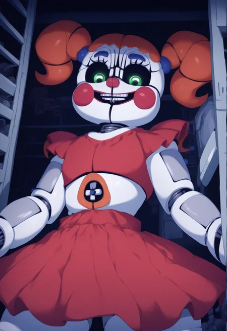 score_9, score_8_up, score_7_up, score_6_up, 1girl, circus baby, robot, twintails, green eyes, red shirt, crop top, red skirt, frills, joints, hands, from below, black sclera, glowing eyes, looking down, looking at you, dark, (black background:0.8), warehouse, deep shadows, industrial, neon, low light, evil smile, seductive smile, crazy smile, <lora:CircusBabyXL:0.9> <lora:43stl1ght1ngXLP2:0.75>