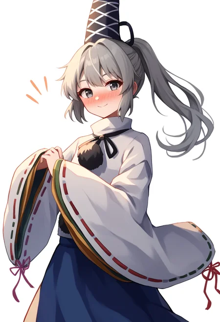 score_9,score_8_up,score_7_up,<lora:touhou_146:1>,1girl, blue_skirt, blush, closed_mouth, commentary, cowboy_shot, eyebrows_hidden_by_hair, frilled_skirt, frills, grey_eyes, grey_hair, hat, highres, japanese_clothes, kariginu, long_hair, long_sleeves, looking_at_viewer, mononobe_no_futo, nose_blush, pom_pom_\(clothes\), ponytail, ribbon-trimmed_sleeves, ribbon_trim, simple_background, skirt, smile, solo, tate_eboshi, white_background, wide_sleeves