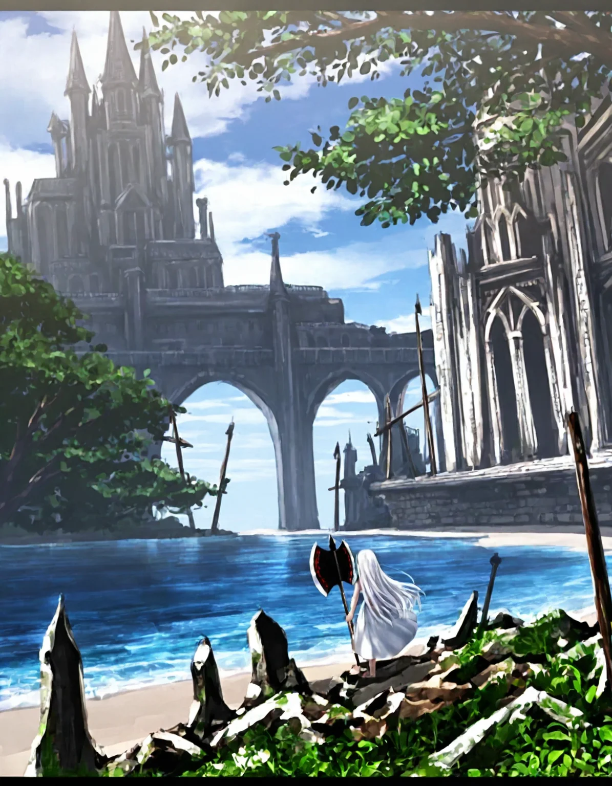 1girl, solo, long hair, dress, white hair, weapon, outdoors, sky, day, cloud, white dress, water, blue sky, tree, ocean, beach, building, letterboxed, scenery, axe, ruins, castle, battle axe, <lora:ryosios:0.8>