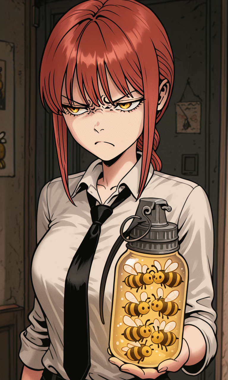 embedding:IllusP0s, f3rn4nd0, makima, annoyed, white shirt, black tie, 1girl, solo, bee grenade jar, holding,<lora:bee grenade jar_illustrious.safetensors:1.0:1.0> <lora:Style_soph-Fernando-ILXL.safetensors:1:1>