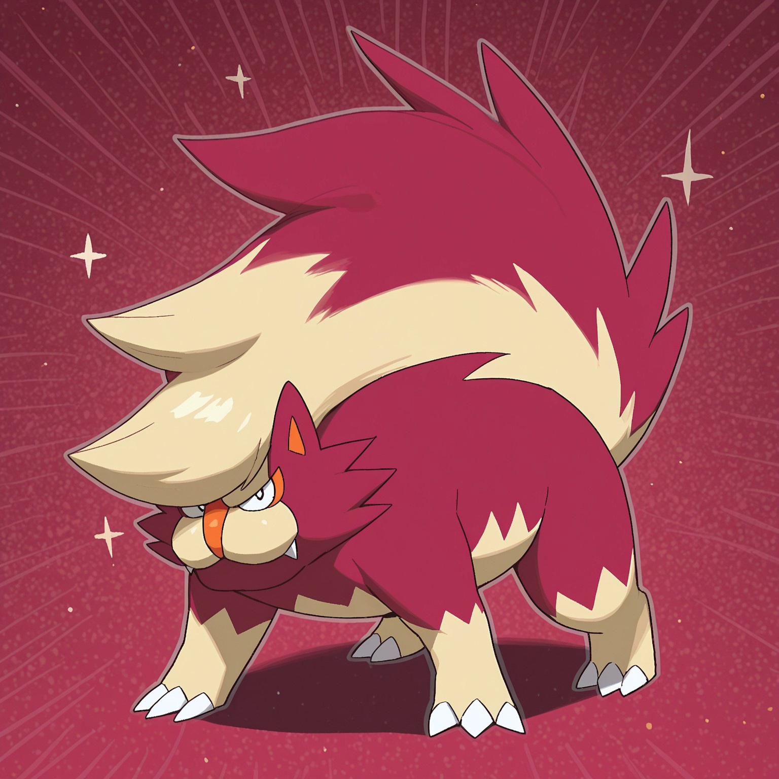Solo, 2d, Skuntank, pokemon (creature), feral, spiky fur, skunk, ((red fur, red face tufts)), beige fur, two-tone fur, huge tail, tail on head, orange nose, claws, toe claws, black pupils, fangs, orange inner ears

BREAK best quality, amazing quality, very aesthetic, absurdres, newest, masterpiece, high quality

BREAK sparkles, red abstract background, standing, looking at viewer, full body