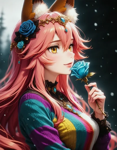 <lora:illustriousXLv01_stabilizer_v1.165c:0.8>1girl,tamamo \(fate\),light smile,upper body,holding ice blue rose,jewelry,circlet,rainbow sweater,snowing,long hair,dark background,masterpiece,