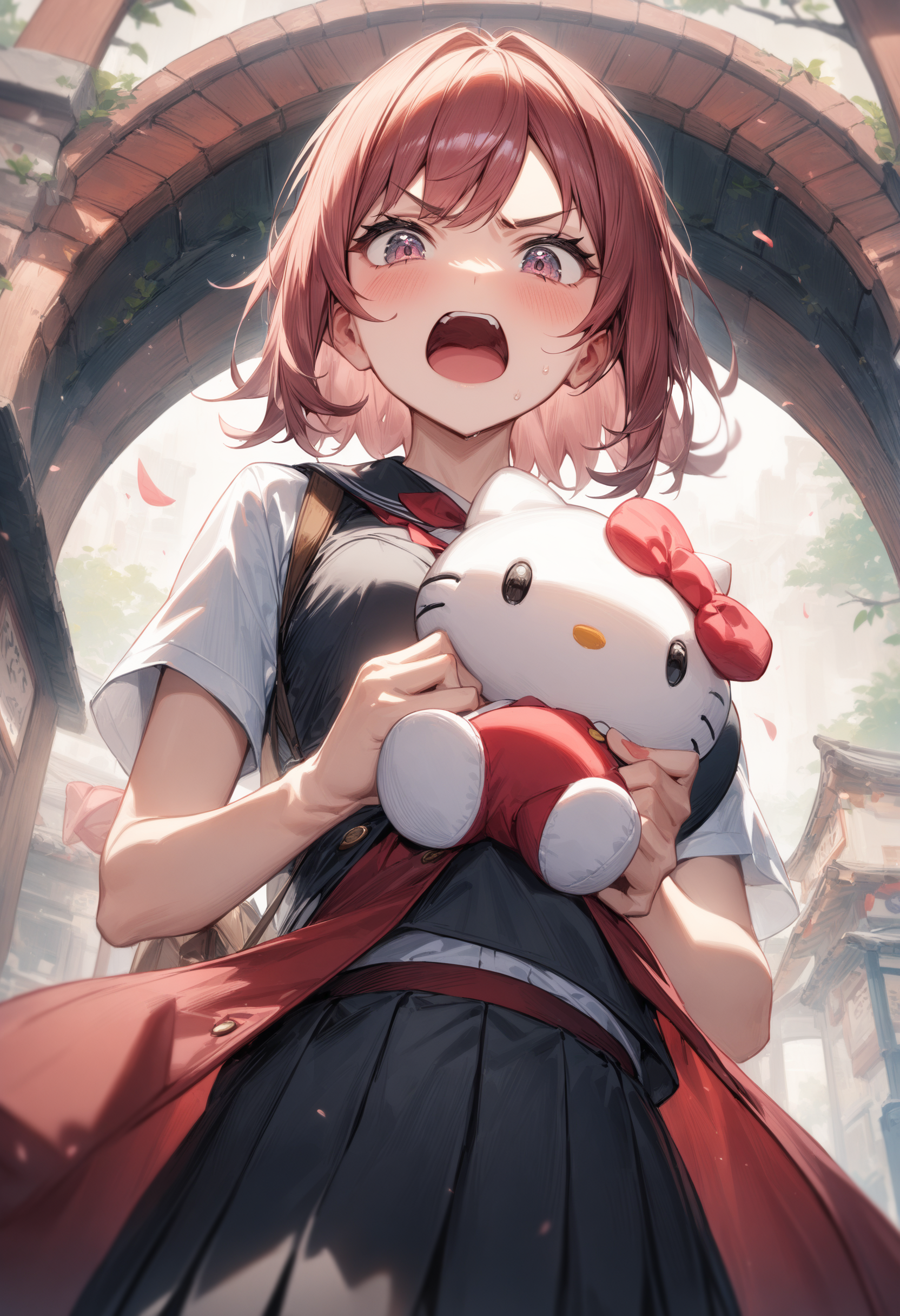 1girl, <lora:sdxl2-flat2-512b:-1>,medium breasts,school uniform,
hello kitty, stuffed toy, holding,holding stuffed toy,<lora:hellokitty_XL_v1:0.7>
from below, upper body, looking down, annoyed, japanese arch, open mouth,
masterpiece, best quality, very aesthetic, absurdres