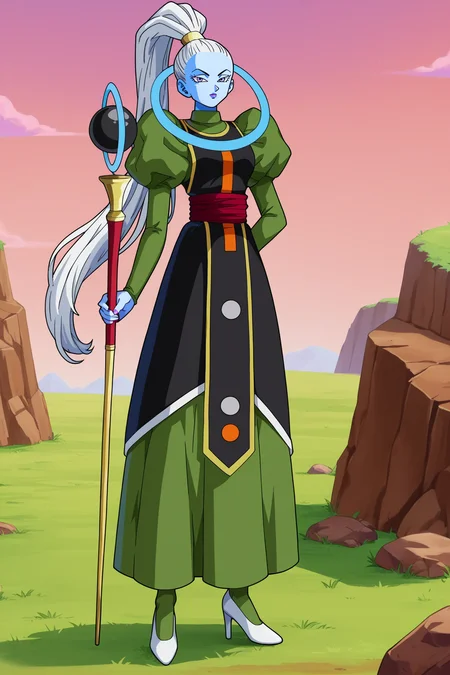 score_9, score_8_up, score_7_up, score_6_up, score_5_up, score_4_up, BREAK source_anime,vados, 1girl, solo, light blue skin, white hair, high ponytail, purple lips, standing, high heels, staff, very long hair, juliet sleeves, full body, arm behind back, green dress, halo, black tabard, white shoes, red sash, looking at viewer, black high-waist skirt, holding staff, holding, orb, tree, outdoors, grass, white footwear, plant, hair pulled back, yellow trim, green pantyhose,pink sky, rock, <lora:VadosPony_v1:1>