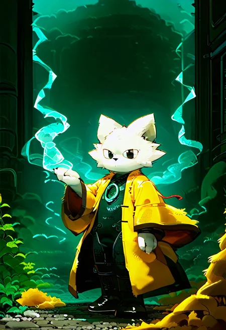 zuppu11, full body, solo, furry, score_9, score_8_up, look at viewer, male focus, no humans, furry male, flux-style, detailed eyes, yi, yellow coat, coat long sleeves, wide sleeves, robe, haori, body suit, white fur, green ring on chest, animal ears, furry, furry male, black eyes, body fur, no mouths, fangs, flux-scenery
