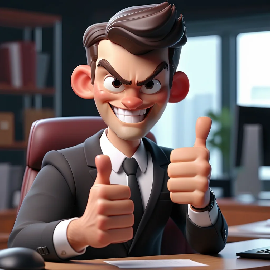 3D cinematic film.(caricature:0.2). 4k, highly detailed,handsome young businessman smiling and gesturing a double thumbs up while working in his office cubicle.