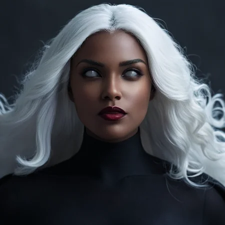 cinematic film still of <lora:perfect sclera eye style v2:0.9>
In perfect eye style a photo of a White sclera eyes of a woman with white hair and a black outfit, sharp, detailed, cinematic, White sclera eye style, White eyes style, empty white eyes style, hollow white eyes style, 1girl, solo, long hair, breasts, simple background, gloves, medium breasts, upper body, white hair, signature, dark skin, grey background, cape, dark-skinned female, lips, bodysuit, floating hair, clenched hand, black cape, white eyes, no pupils, blank eyes, black gloves, glowing, glowing white eyes, superhero, looking at viewer, redlips, storm charact, shallow depth of field, vignette, highly detailed, high budget, bokeh, cinemascope, moody, epic, gorgeous, film grain, grainy