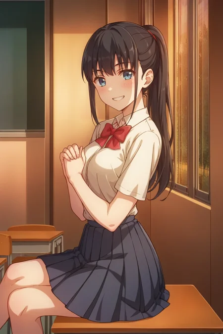 score_9, score_8_up, score_7_up, source_anime, prefect lighting, very aesthetic, intricate details, highly detailed background, masterpiece, high quality, prefect hands, best quality, solo, 1girl,
<lora:Airi_Sega_Iya_na_Kao_sare_nagara_Opantsu_Misete_Moraitai_V1-000009:.85>, blue eyes, black hair, ponytail, bangs sidelocks,
white school uniform, red bow, navy pleated skirt,
from side, sitting, sitting on desk, crossed legs, smile, blush, teeth, own hands together, looking at viewer,
classroom, window, dusk, sunset,
(Beautiful, medium Breasts:1.2), natural breasts,