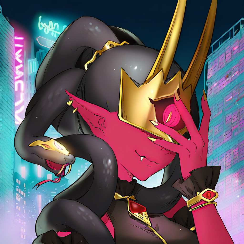 highres, best quality, masterpiece, very aesthetic, newest,1girl,solo,medusamon,snake hair,black snakes,golden horned mask,single eye,pointy ears,fangs artist:tidsean <lora:MedusamonIllus:1> cropped,portrait,facepalm,hand over eye,embarassed,blushing,outdoors,city,cyberpunk,neon lights